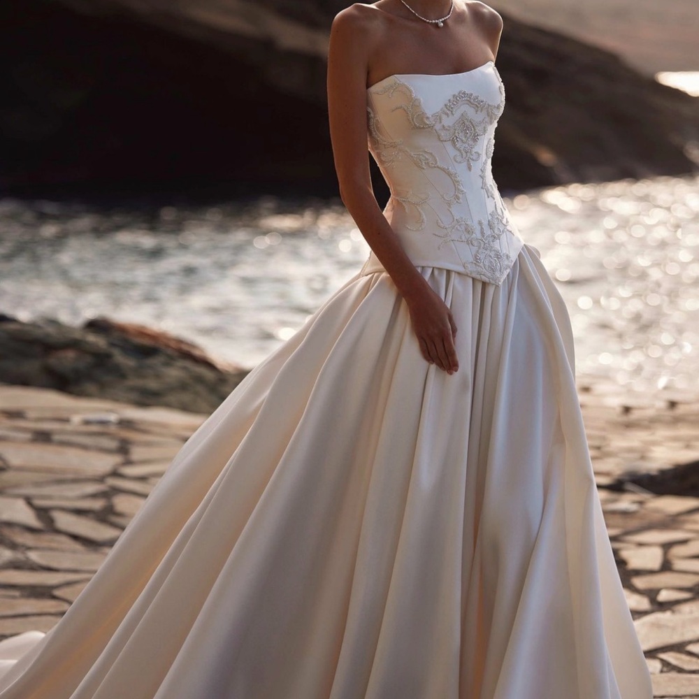MillaNova Strapless Ivory Satin Ball Gown Wedding Dress